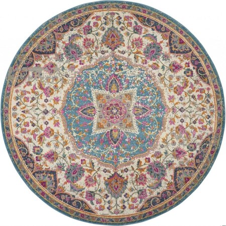 Homeroots 8 ft. Round Pink & Blue Floral Medallion Area Rug 385535